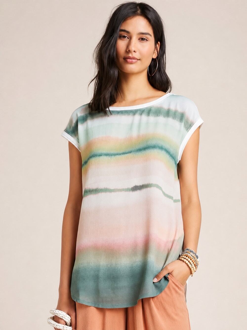 Anthropologie Tuscany Boatneck Tunic Watercolor Landscape Print Top Medium